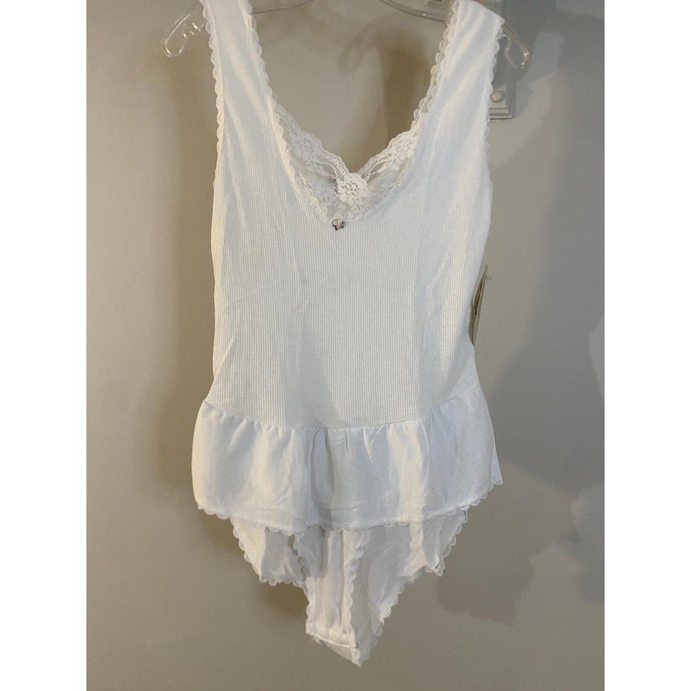 VTG Knit Flicks White Lace Trim Teddy One Piece Lingerie L 80's Cottage Core
